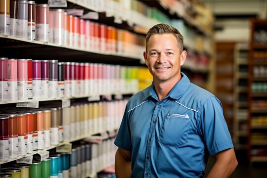A Smiling Handyman Proudly Standing in Front of a Colorful Display of Paint Samples at the Local Home Improvement Store
