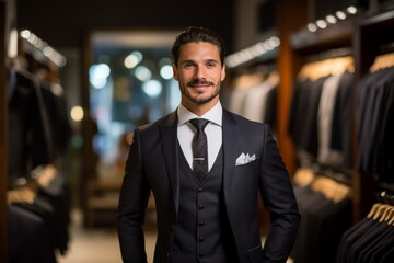 A Sophisticated Gentleman Posing Confidently in Front of an Upscale Formal Wear Boutique with Elegantly Displayed Suits and Tuxedos