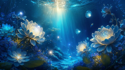 深海に差し込む光と輝く花