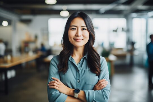 A Visionary Female Entrepreneur Standing Confidently Against the Backdrop of a Bustling Tech Startup Hub, Symbolizing Innovation and Leadership
