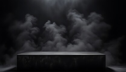  Podium black dark smoke background product platform abstract stage texture fog spotlight. Dark black floor podium dramatic empty night room table concrete wall scene place display studio smoky dust 