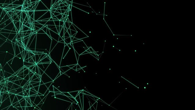 plexus network structure dark background  3d animation. Can be used to represent a computer network artificial intelligence, big data cyber security chaos or a cybernetic constellation particles