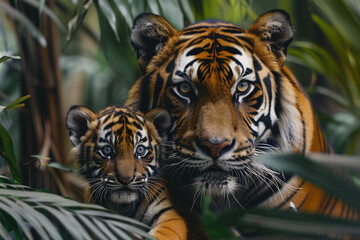 Fototapeta premium Tiger mother and cub in the jungle, showcasing their bonding and alertness amidst the dense tropical foliage. 