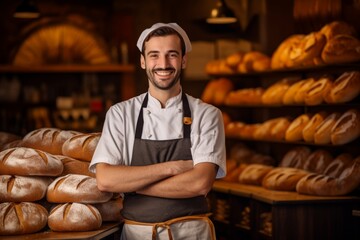 A Warm Smile from the Master Baker Surrounded by the Aromatic Ambiance of Freshly Baked Bread and Pastries in a Cozy Local Bakery