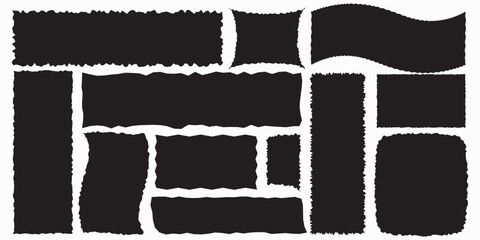 Set of grunge jagged rectangle shape. Black torn paper sheet for sticker, collage, banner. Vector illustration