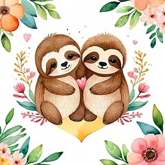 Obraz premium Sloths couple with hearts. Valentine Day vector cartoon funny animal character isolated on white background.