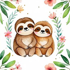 Obraz premium Sloths couple with hearts. Valentine Day vector cartoon funny animal character isolated on white background.