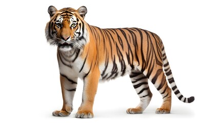 Majestic Bengal tiger in a powerful stance, isolated on a white background,