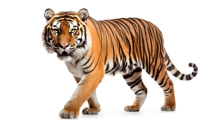 Obraz premium Majestic Bengal tiger in a powerful stance, isolated on a white background,