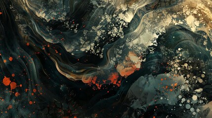 blend of abstract elements inspired by nature and artifice, featuring a rocky outcrop on the left, a serene lake in the center, and a distant mountain range on the right