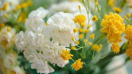 A closeup shot of delicate white carnations and golden yarrow being carefully added to a bouquet each flower placement chosen with precision and care.