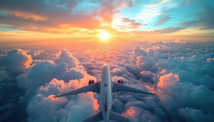 A jet airliner flies high above the clouds at sunset. - obrazy, fototapety, plakaty