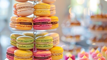 A beautifully crafted macaron tower showcasing an array of vibrant colors and flavors like...