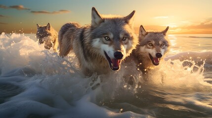 Playful wolf racing alongside a boat