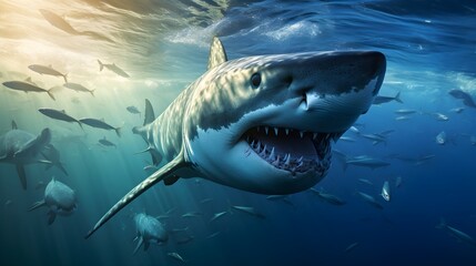 Fototapeta premium Playful shark racing alongside a boat