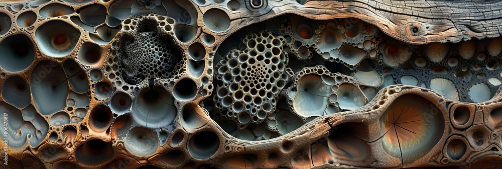Aufkleber deconstruction of natural forms in the form of a sculpture, featuring a circular object with a textured surface, a square object with a textured surface, and a triangle