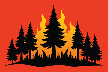 Solid color Silhouette forest hand drawing on fire vector design
