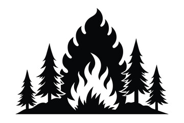 Solid color Silhouette forest hand drawing on fire vector design