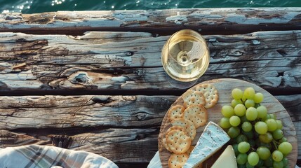 Fototapeta premium A wooden table displaying a delicious recipe with ingredients such as cheese, grapes, crackers, and a glass of wine. A natural foods dish showcasing the beauty of plantbased cuisine AIG50