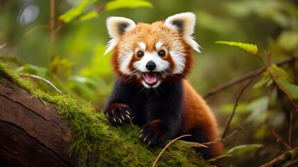 Naklejka premium Playful red panda caught mid-roll, bushy tail and carefree expression,