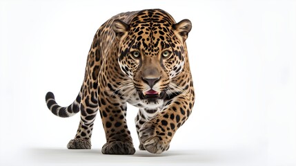 Prowling jaguar in a stealthy stance, isolated on a pristine white background,