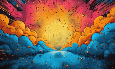 Colorful comic book style background with blue and orange clouds and a yellow explosion in the center.