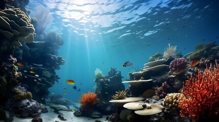Fototapeta premium Researchers studying coral reefs for marine conservation, the underwater exploration
