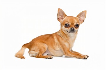 Small tan Chihuahua sitting calmly on a stark white background, highlighting its delicate features and attentive expression.
