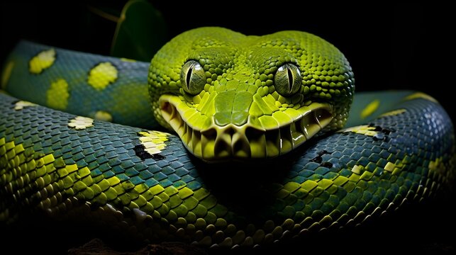 Sinuous green python gracefully coiled on a branch