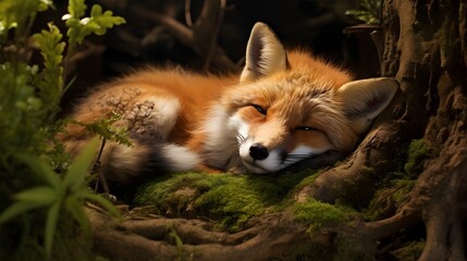Naklejka premium Snoozing red fox in a woodland den,