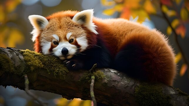 Slumbering red panda in a treetop,