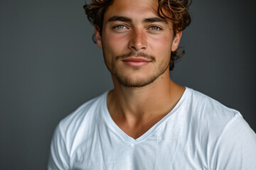 Fototapeta premium Close up of person wearing white v-neck shirt against grey wall, portrait with blank canvas