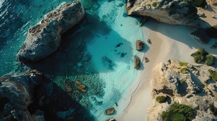 An aerial view of a coastal beach with rocks, surrounded by electric blue water. Natural landscape with oceanic and fluvial landforms, including reefs and lakes AIG50