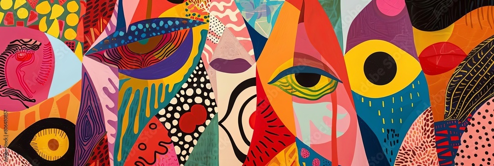 Poster expression of emotions through abstract patterns, featuring a colorful wall and a striking yellow ey