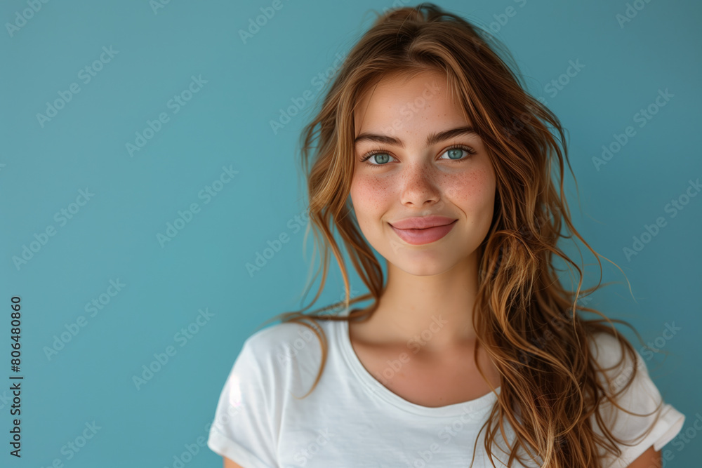 Wall mural Caucasian woman in t-white shirt with long hair against sky blue plain background