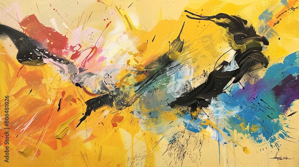 Poster expression of freedom in abstract movement painting, featuring a colorful abstract design with a pen