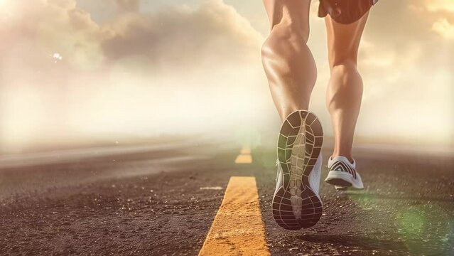 healthy background illustration. athlete runner feet running on road. seamless looping overlay 4k virtual video animation background