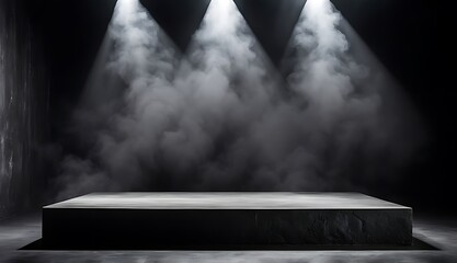  Podium black dark smoke background product platform abstract stage texture fog spotlight. Dark black floor podium dramatic empty night room table concrete wall scene place display studio smoky dust 