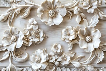 elegant white wooden desktop background with beautiful floral carving 