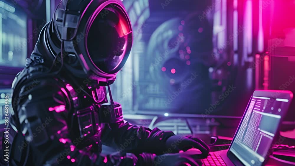 Wall mural astronaut working at futuristic spacecraft control panel with ai generated.