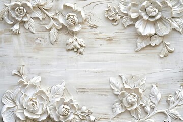 elegant white wooden desktop background with beautiful floral carving 