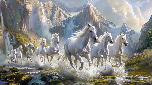  white horses in the picture are painted in a scene with an atmosphere of peace, suitable for use as a background in a child's room or playroom.