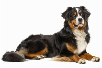 Bernese Mountain Dog lying down, relaxed and majestic, showcasing distinctive tricolor coat on a white background.
