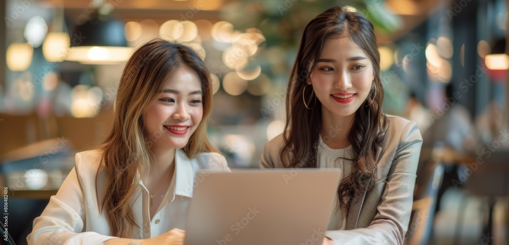 Wall mural Two smiling Asian women sit in front of their laptops, exuding happiness and focus in a modern, brightly lit corporate office setting Cinematic Mood and tone. - Wall murals