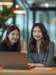 Two smiling Asian women sit in front of their laptops, exuding happiness and focus in a modern, brightly lit corporate office setting Cinematic Mood and tone.