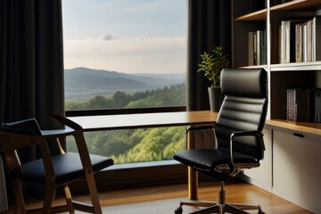 Home office interior set with computer with table and chairs with natural mountains and city view through window