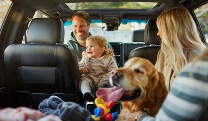 A family of four and their dog sitting in the back seat, happy to be on an exciting road trip with their SUV featuring black leather seats