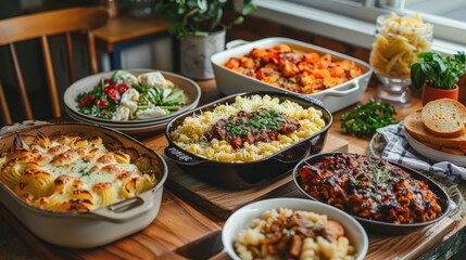 Obraz premium The photo shows a variety of delicious Italian dishes, including pasta, salads, and bread