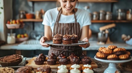 The photo shows a woman wearing an apron and smiling while holding a plate of chocolate cupcakes in a bakery. - Powered by Adobe