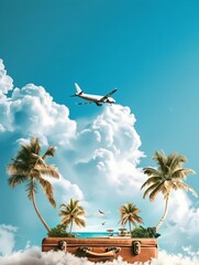 A travel suitcase containing an island landscape with a beach, palm trees, situated against a blue sky backdrop with clouds and a flying airplane, brown leather bag has silver hardware